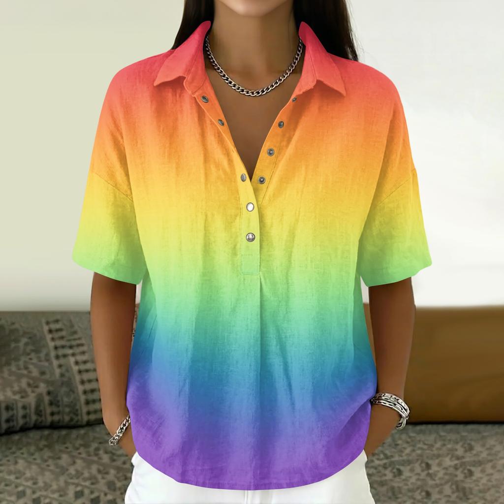 Women Loose Fit Short Sleeve Polo Shirt Vintage Floral Print Button Down Collar Linen Blend Casual Top