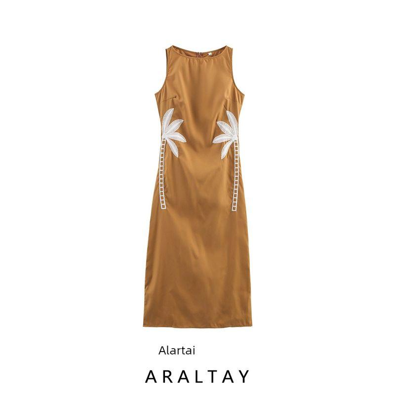 Araltay New Arrival Fashion Style Women's Clothing Fashion All-Match Minimalist Coconut Tree Embroider Sleeveless Commute Style Dress