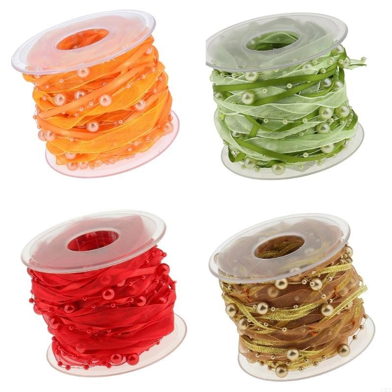 Multipurpose 10m Length White Organza Ribbon with Pearls Detail Accessory for Festival and Artistics Creation 10mm X3UC