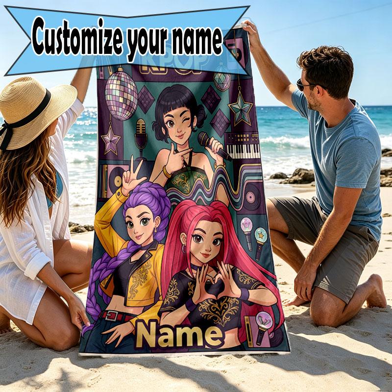 Custom Name Personalized Kpop Demon Hunter Print Beach Towel, for Trip Camping Beach Party Home Decor, Birthday Gift for Family & Friends