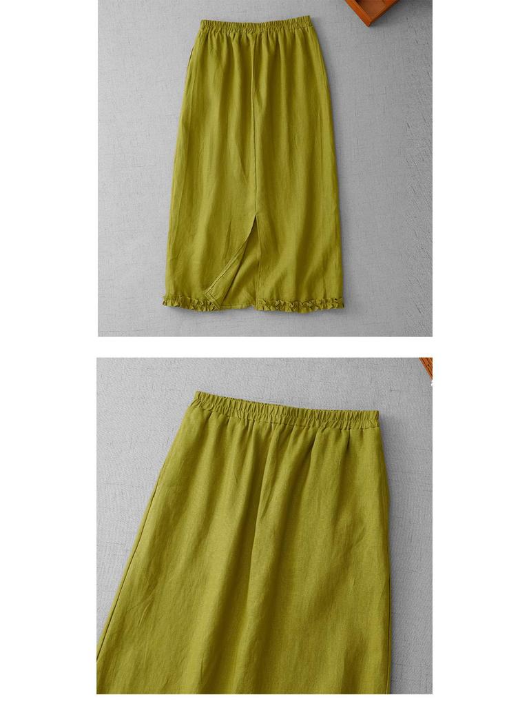 Korean-Style Summer Linen Ruffle Midi Skirt for Women
