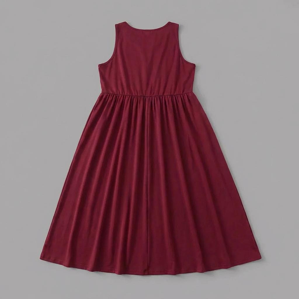 Women's Sleeveless V Neck A Line Dress with Waist Cinch Midi Length Casual Summer Dress