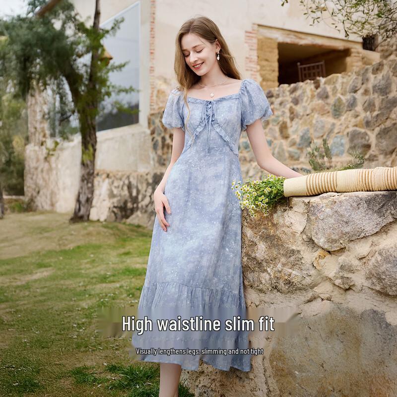 Women s Elegant French Puff Sleeve Tie-Dye Polka Dot Midi Dress L