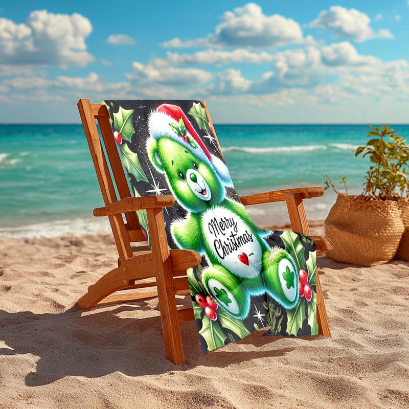 1Pc Christmas Green Teddy Bear Beach Towel, Quick Dry, Multi-Use for Beach Pool Gym Yoga Home Travel, Christmas, Halloween, Xmas Gift S8