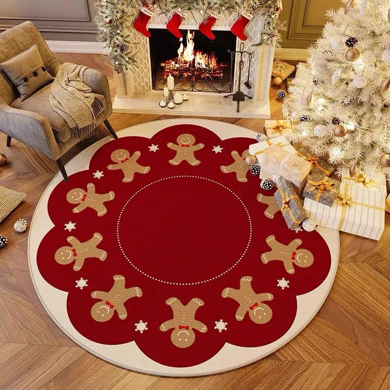 Christmas Round Carpet Living Room Bedroom Mat Festive Red Festive Atmosphere Decorated Christmas Tree Home Decoration