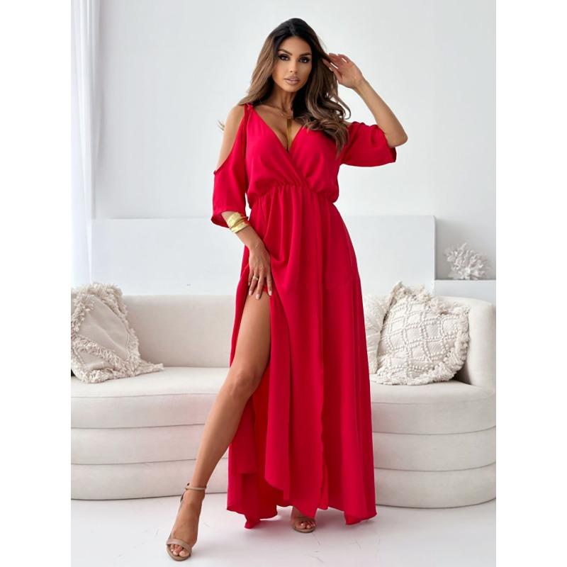 YYFS Women's Fashion Summer Spring Solid Color Print 1/2 Sleeves V-Neck Middle Waistline Casual Dresses