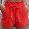 Women's Cotton Linen Shorts with Pocket Solid Color Thin Hollow Out Design Tight Waist Beachwear Pants White