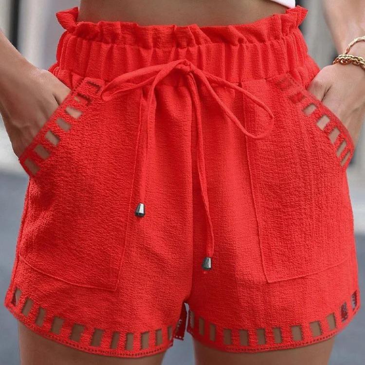 Women's Cotton Linen Shorts with Pocket Solid Color Thin Hollow Out Design Tight Waist Beachwear Pants White