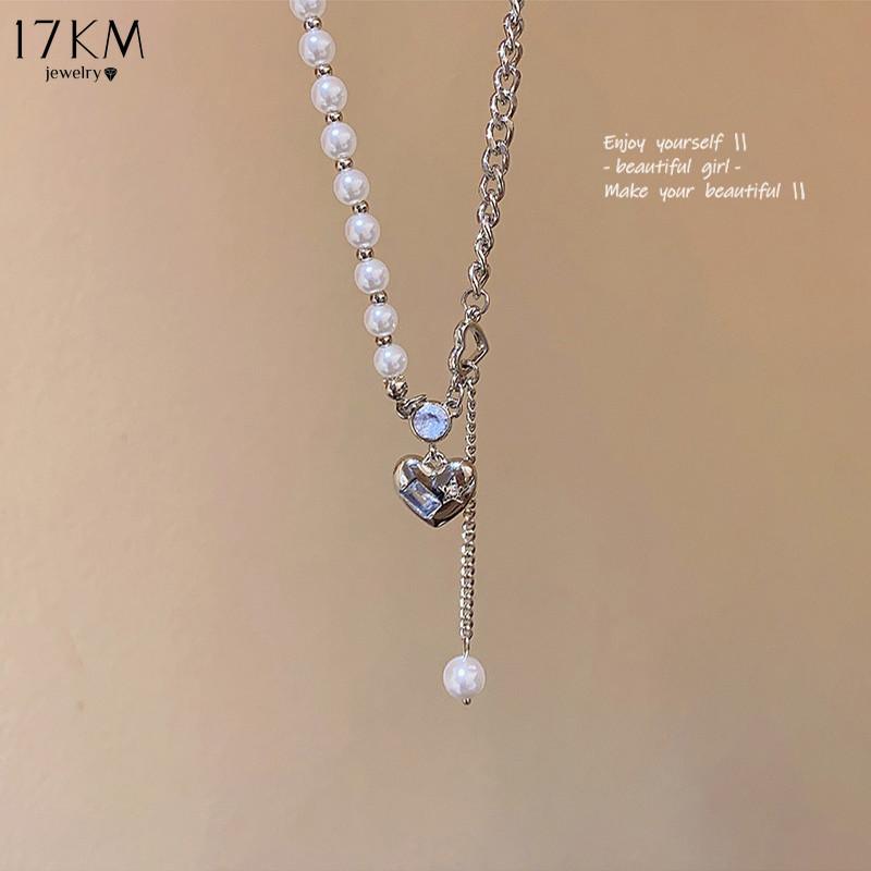 17KM Luxury Heart Plastic Necklace for Women Crystal Tassel Spliced Silver Chain Choker Accessories Jewelry