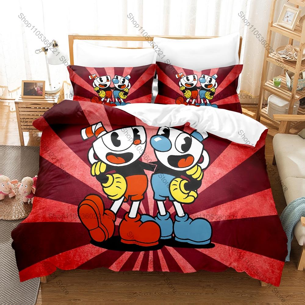Kawaii Cuphead and Mugman Pattern Bedding Set 3 Piece Duvet Cover with Pillowcase for Kids Adults Bedroom Decor