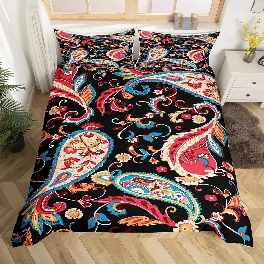 Adults Black Damask Duvet Cover Set King,Antique Victorian Baroque Bedding Set Gothic Vintage Floral Bohemian Exotic Quilt Cover