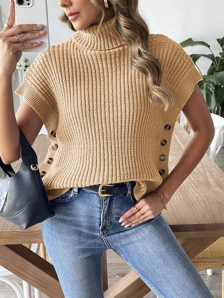 Women's Spring and Autumn New Vest European and American Women's Clothing High Neck Casual Pullover Sweater Vest Button Decorative Top