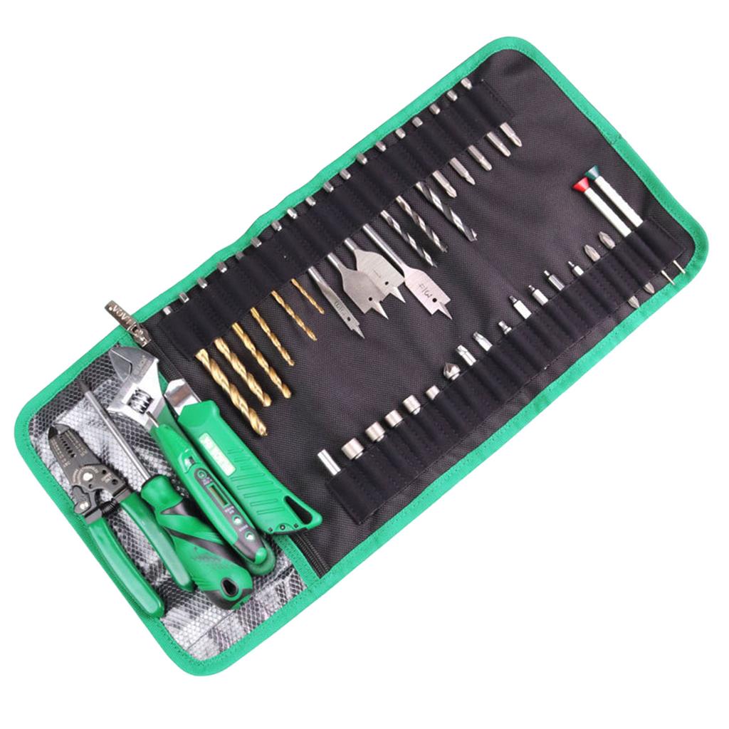 Roll Up Tool Bag with Transparent Zippered Mesh Pocket for Easy Storage and Drill Bit Screwdriver Bit Organization