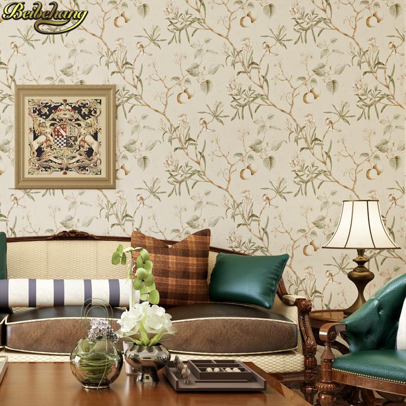 papel de parede 3d American retro apple tree flowers bird wallpaper for walls 3 d wall-paper green wall paper living room