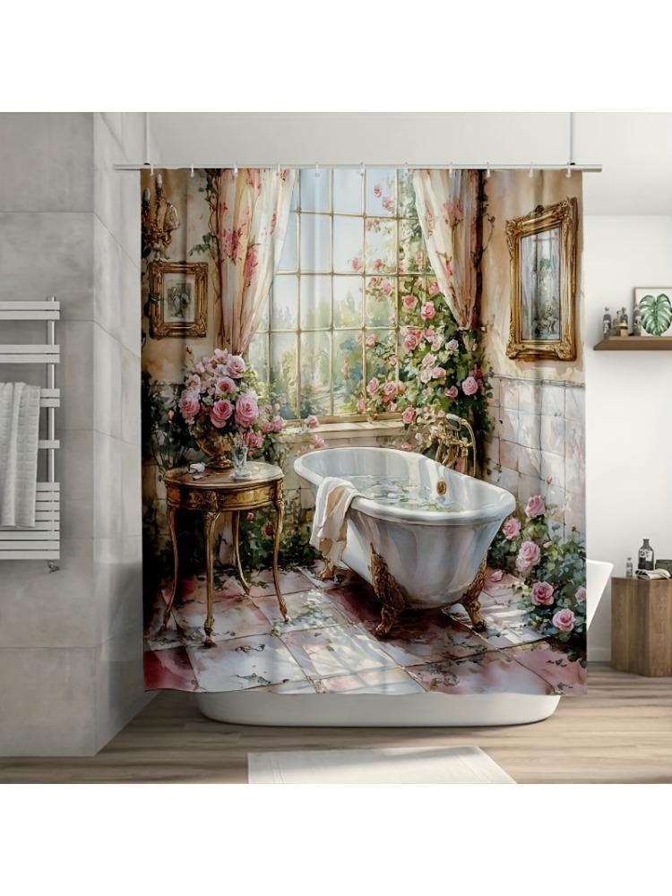 

Elegant Pink Floral Shower Curtain - Durable Polyester, Easy Clean, Hooks Included For Bathroom Bathtub Window Decor W60H190(CM)-1 Pcs