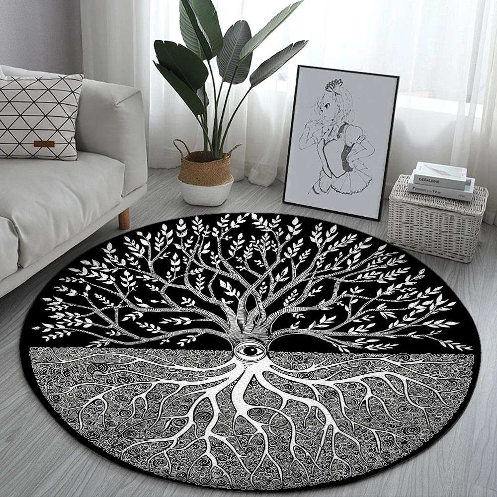 World Tree Round Rug Area Rug Viking Norse Mythology Print Round Carpet Living Room Bedroom Floor Mat Playroom Soft Round Carpet
