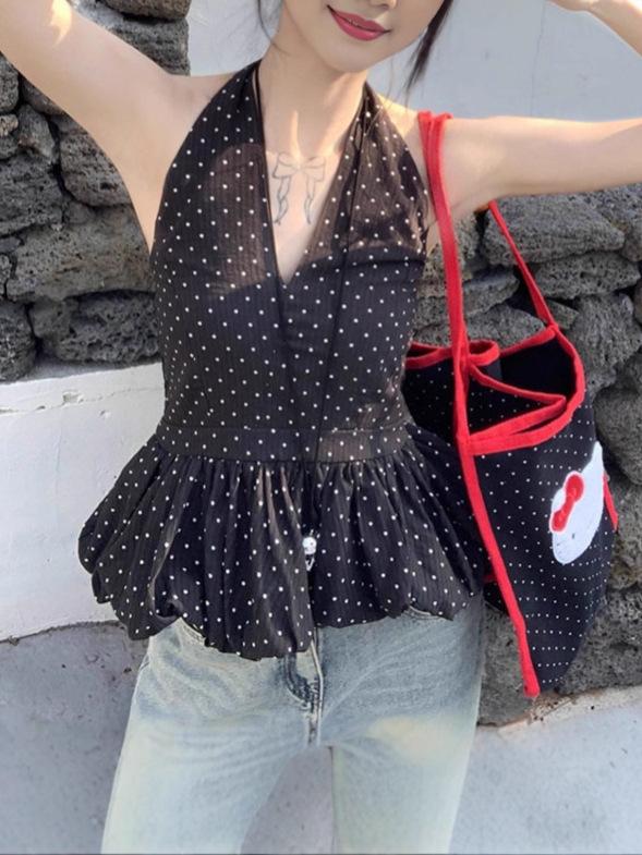 Women's Chic Black Polka Dot Halter V-Neck Slim Fit Summer Vest