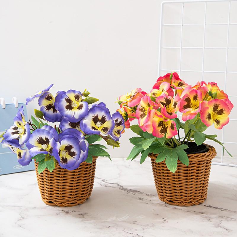 Artificial Pansy Flower Decorative Bouquet Small Home Ornament Silk Floral Arrangement Purple Orange 17cm