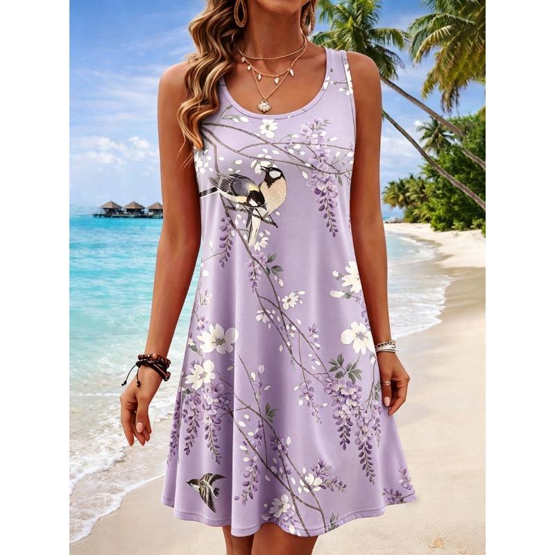 

Women s Round Neck Sleeveless Lotus & Bird Print Casual A-Line Mini Dress, Elegant Tank Dresses for Spring & Summer S