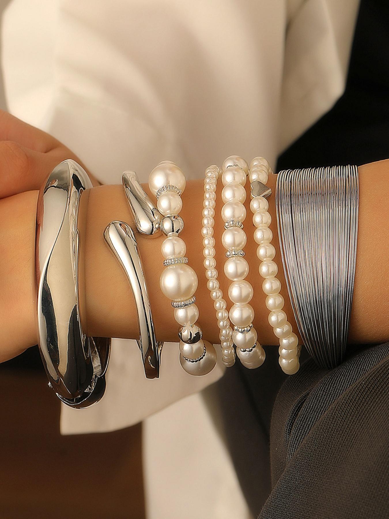 

New 7pcs Vintage Pearl Wide Cuff Bangles Men Hip Hop Punk Silver Color Geometric Spring Bangles For Women Bracelet Jewelry