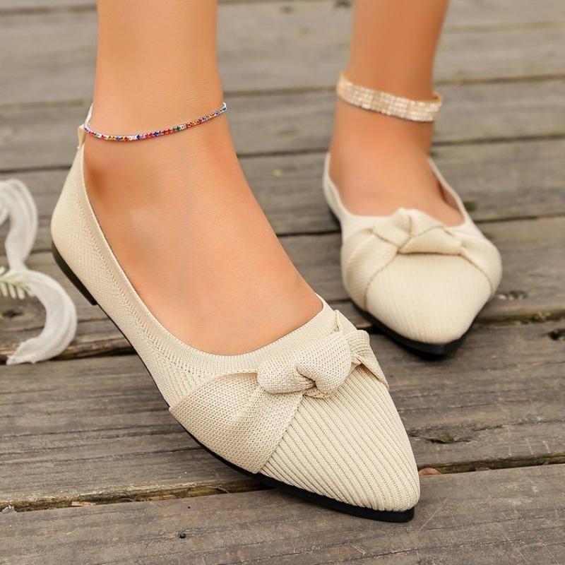 

Women s Plus Size Knit Flat Shoes Fall New Pointed Toe Shallow Mesh Breathable Bow Non-Slip Wear-Resistant Single Shoes 36