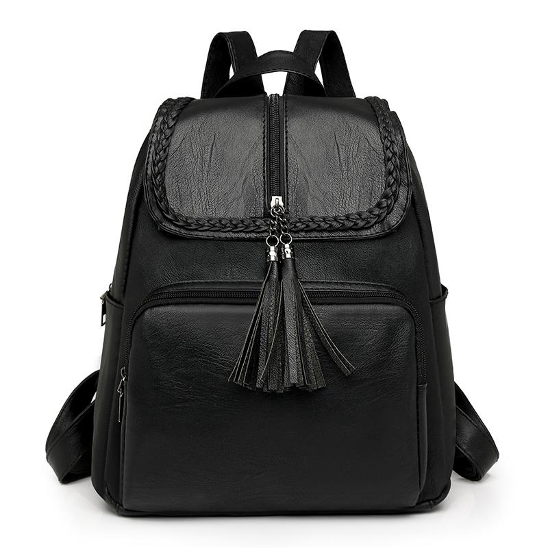 

Женский рюкзак с кисточками, мягкий кожаный дорожный рюкзак чёрный