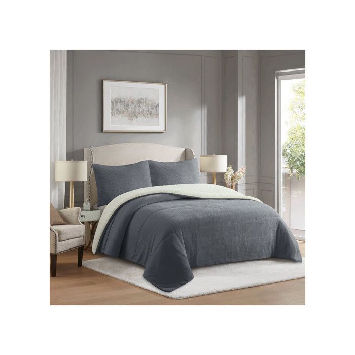 Couette polaire microfibre doublé sherpa 180x260 cm BICOLORE gris, par Soleil d'ocre
