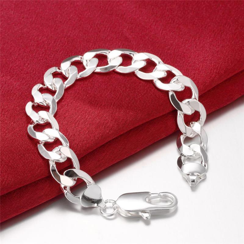 Noble 925 Sterling silver solid bracelet 12MM chain women Men Silver Jewelry fashion beautiful hot Figaro ChainGood product