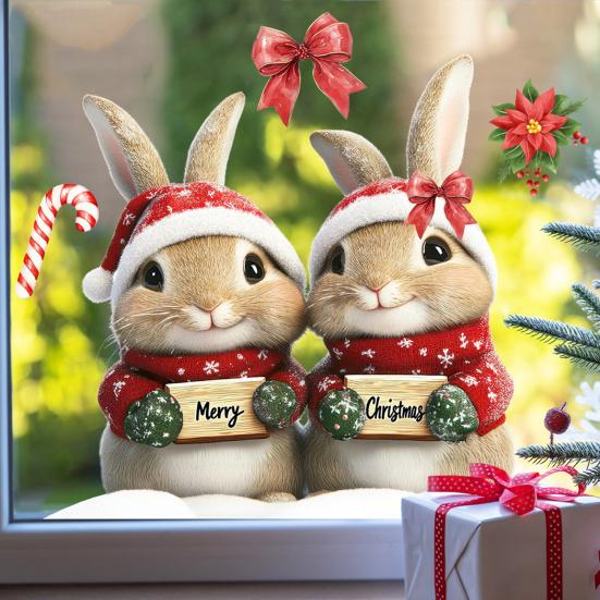 Merry Christmas Rabbit Window Cling Removable Waterproof Santa Hat Couple Bunny Static Glass Sticker Holiday Party Decoration Decal