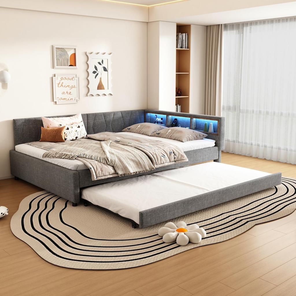 Sofa Bed 140x200 Cm Extendable LED Strip USB+Type-C Storage Compartment Slatted Frame Linen Bed Frame Without Mattress Beige