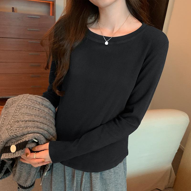 Tricou de bază cu gât rotund și culoare uni pentru femei, Toamnă Nou, Tricou cu mâneci lungi Versatil, Lejer, Casual, Stil coreean, Top interior