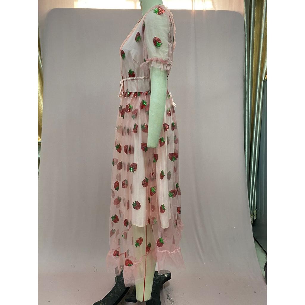 Damen Abendkleid mit Erdbeer-Pailletten-Verzierung, V-Ausschnitt Tüll Schnürung Langes Kleid, Elegantes Sexy A-Linien Ballkleid mit Fließendem Rock
