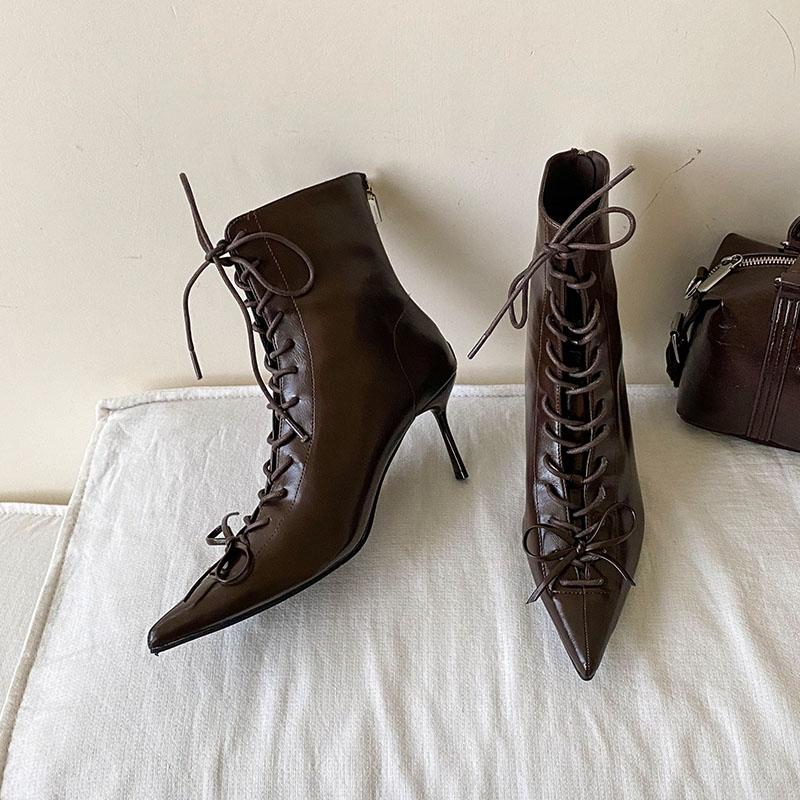 Modă Modă Cu Șireturi Glezna Dama Cizme Moderne Tocuri Subțiri Pantofi Vârf Ascuțit Elegant Femei Cizme Scurte Pantofi cu Tocuri Dama