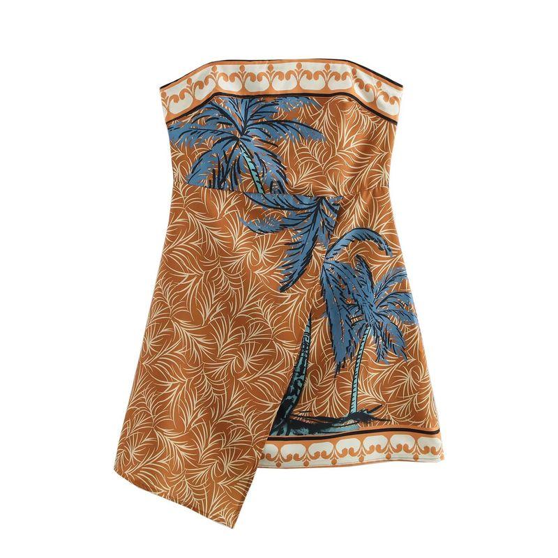 

Kaslead New Women clothes Western Style Fashion Slim fit Coconut Tree Print Short Tube Top Dress Image color L