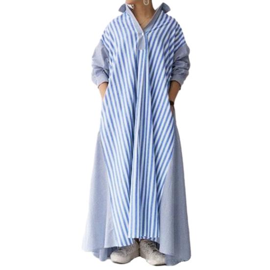 Damen Herbst-Maxikleid, gestreift, A-Linie, lockerer Saum, übergroße Taschen, Umlegekragen, lange Ärmel, knöchellang, langes Damen-Frühlingskleid