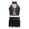 Girls Halter Sleeveless Crisscross Back Rhinestones Crop Top Tassel Briefs Skirt Latin Dance Set