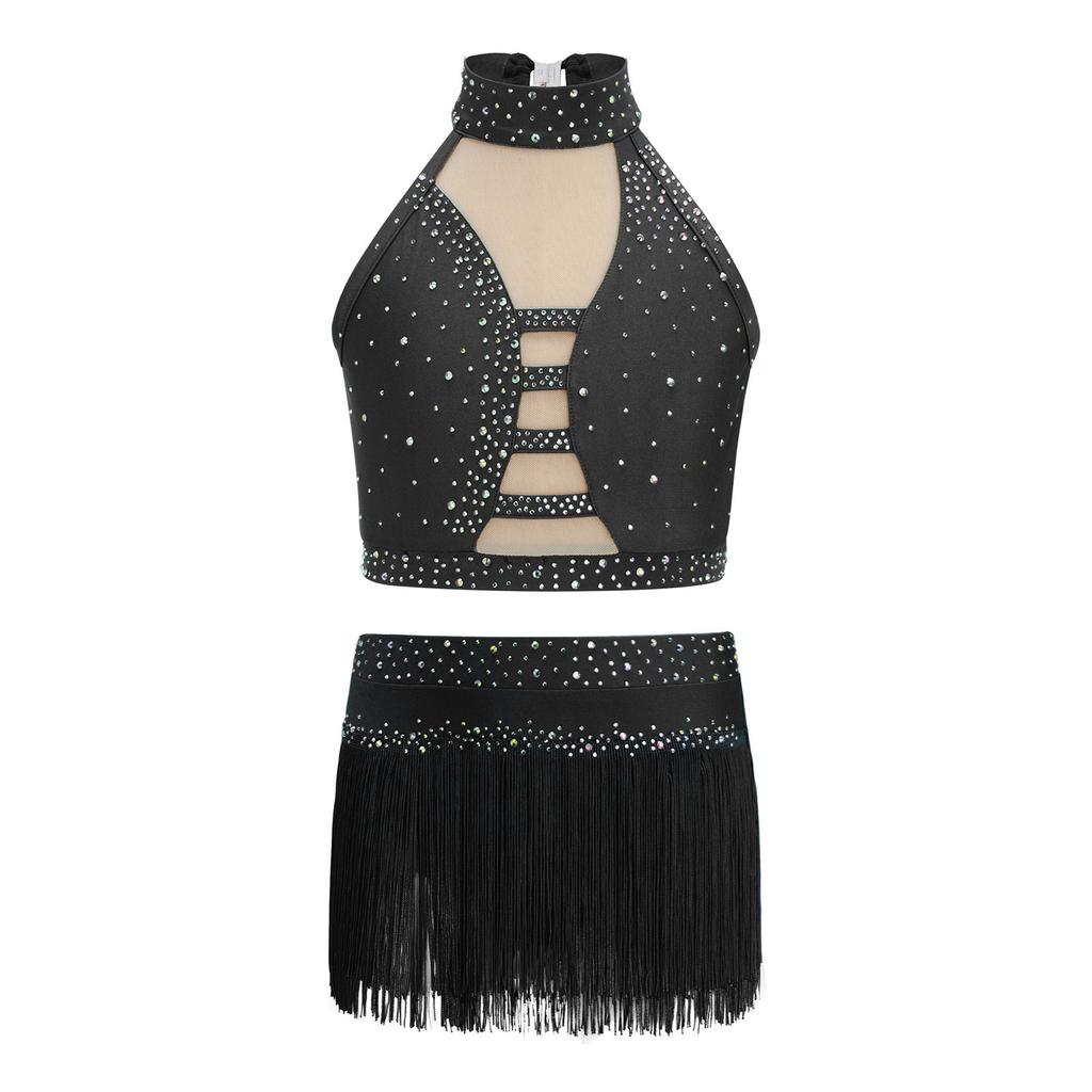 Girls Halter Sleeveless Crisscross Back Rhinestones Crop Top Tassel Briefs Skirt Latin Dance Set