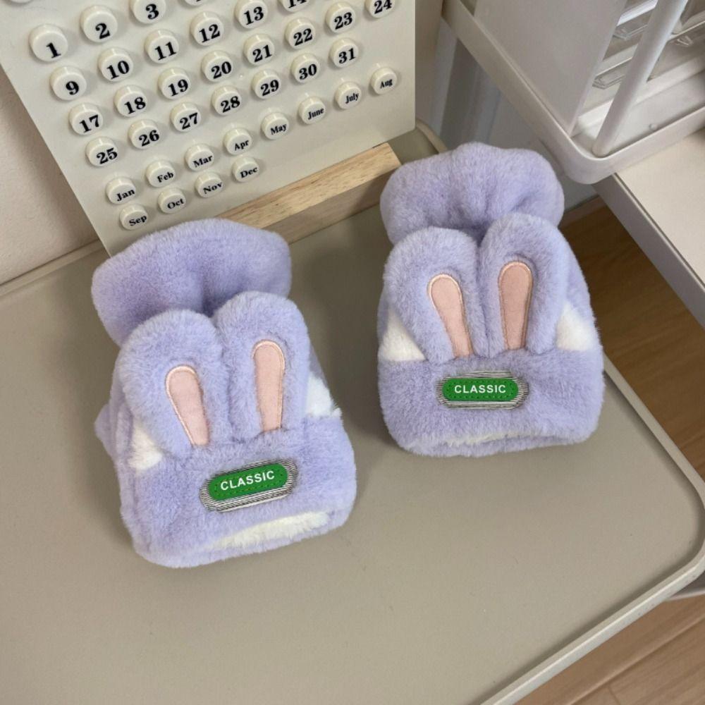 Thickened Half Finger Gloves Cartoon Flip Cover Plush Gloves Gift Rabbit Ears Mittens School