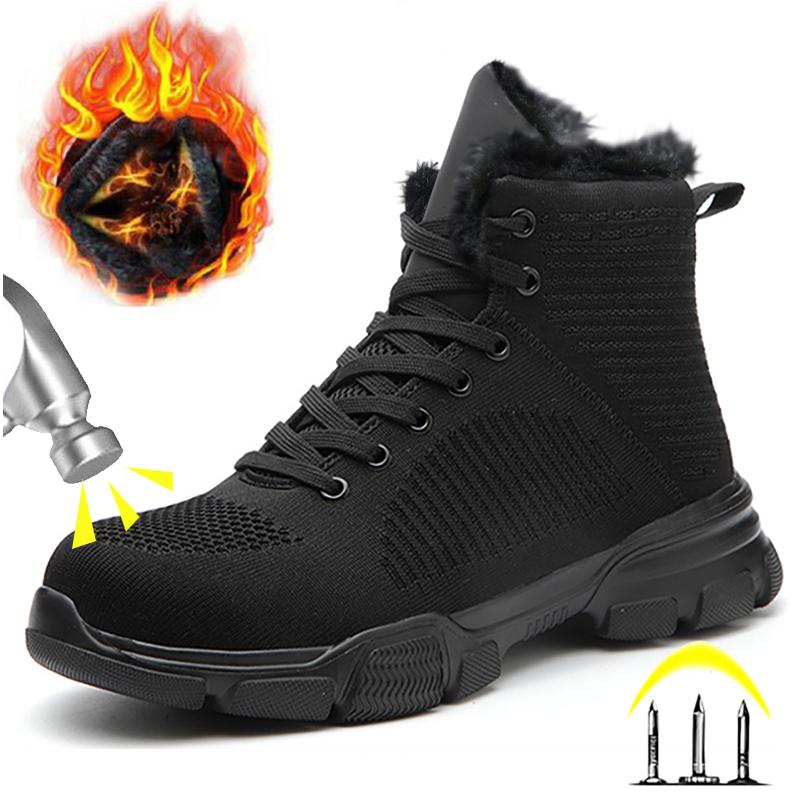 Winter Boots Men Warm Plush Work Shoes Steel Toe Safety Boots Puncture-Proof Indestructible Work Boots Men Women Safety Shoes