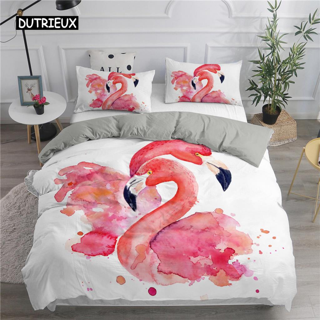 Cartoon Pink Flamingo Bedding Set Girls Kids Teens Cute Duvet Cover Set Single Twin Queen King Size 2/3pcs Polyester Quilt Cover