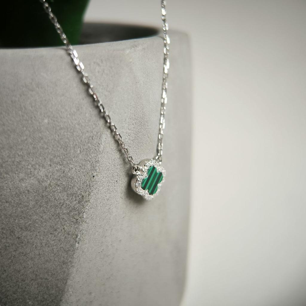Silver Necklace with Malachite, Cubic Zirconia, Product Weight 1.92 Gr (60002133)