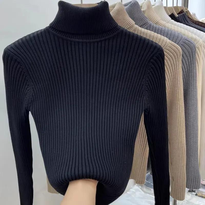 

Базовые женские свитера с высоким воротником, осенне-зимний джемпер, мягкие теплые пуловеры, топы, эластичный тонкий женский пуловер, вязаный свитер в рубчик XL чёрный