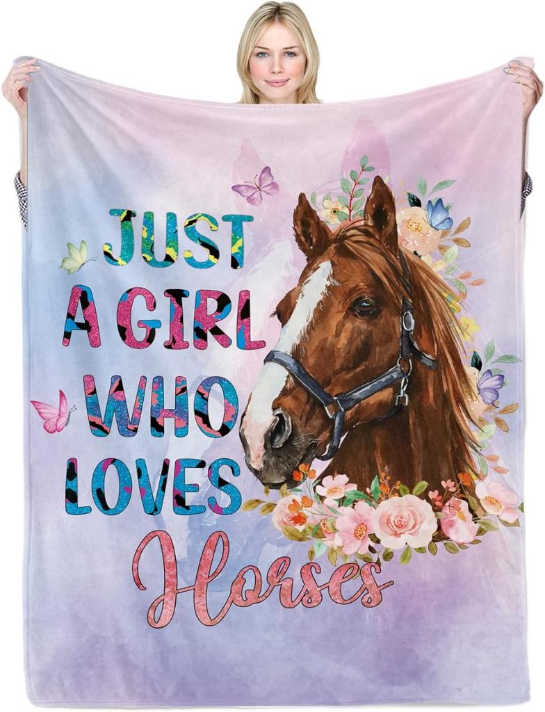 Horses Blanket for Girls Women Light Pink Purple Warm Lightweight Flannel Fleece Blanket for Sofa Couch All Season