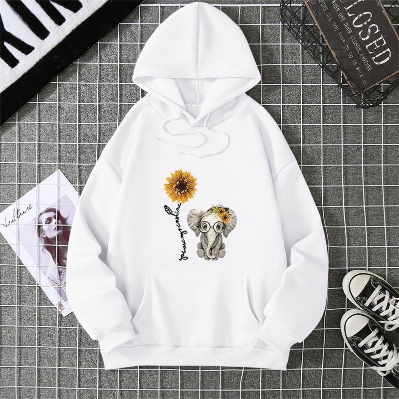 Women's Sunflower Elephant Printing Pattern Round Neck Pullover Long Sleeve Sweater Women Pullover Crew Neck Style