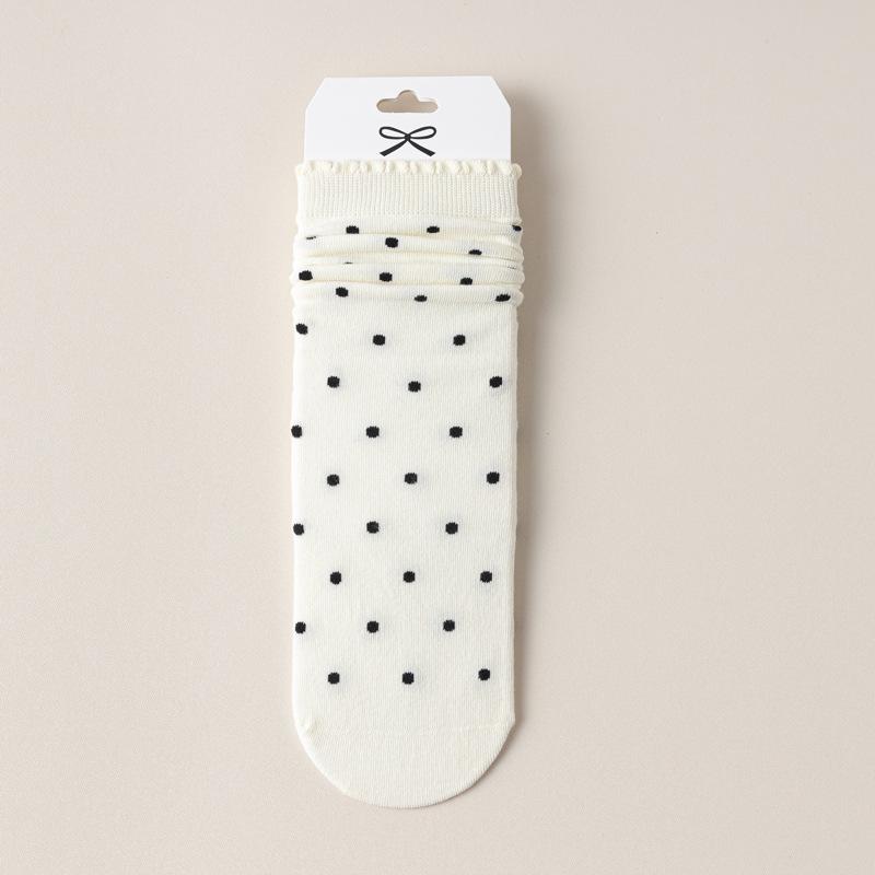 5/10 Pairs Comfortable Casual Polka Dot Socks for Women Mid Calf Socks with Ear Shaped Edges and Polka Dot Lace Breathable Cotton Long Socks