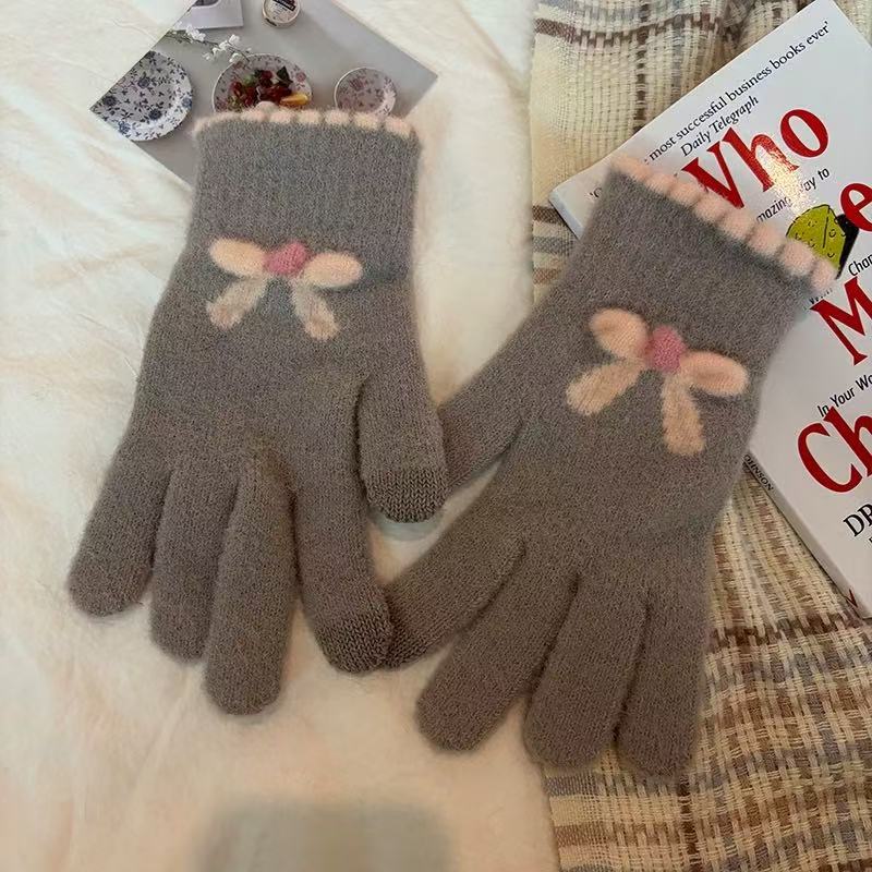 Knitted Touch Screen Gloves for Women To Keep Warm in Winter Thickened and Fleece Five Finger Outdoor Cycling Two Finger Korean Style Gloves
