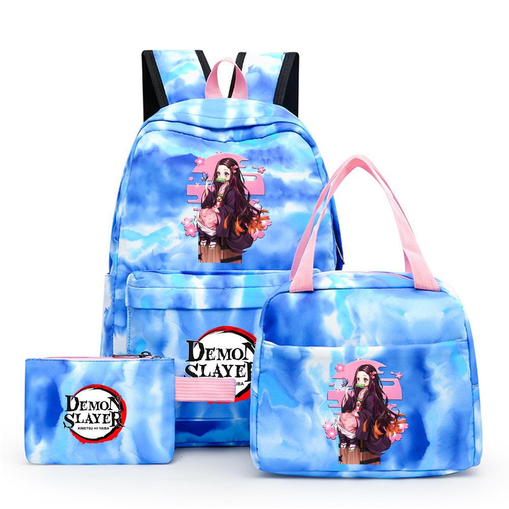 3Pcs/set Anime Demon Slayer Printed Backpack with Lunch Bag Pencil Case for Teenager Waterproof Bookbag Travel Bag Gift