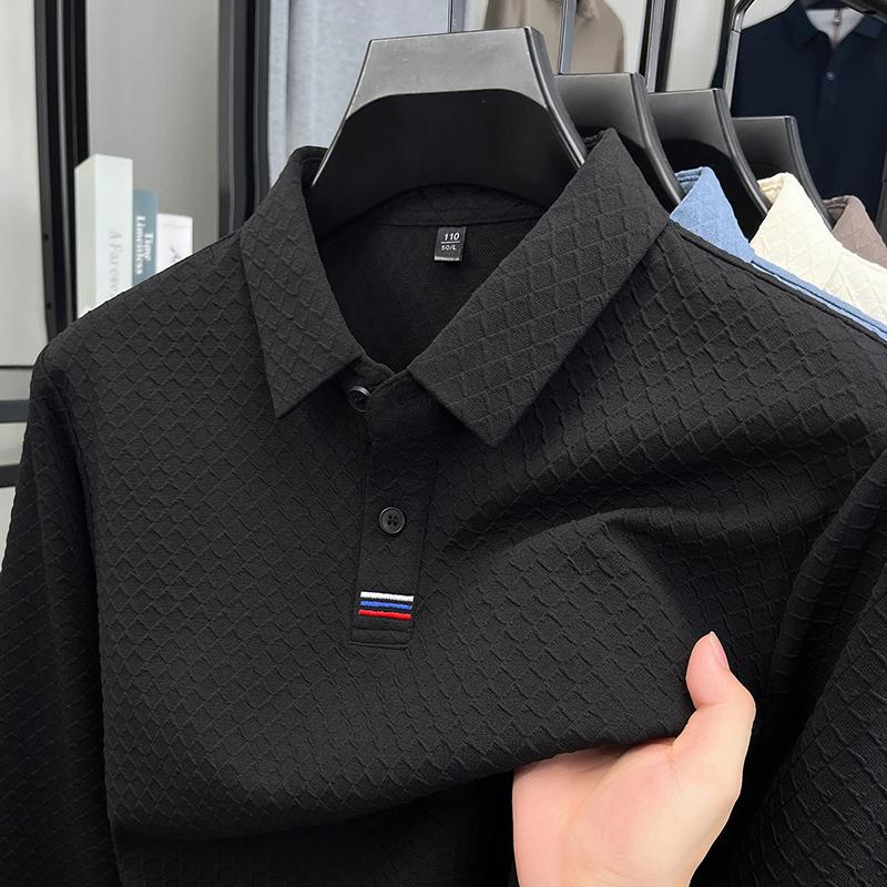 

Высококачественная модная рубашка поло с длинным рукавом, мужская, осенняя, новый бренд, полосатый жаккардовый дизайн, корейская, повседневная, роскошная, с лацканами 4XL чёрный