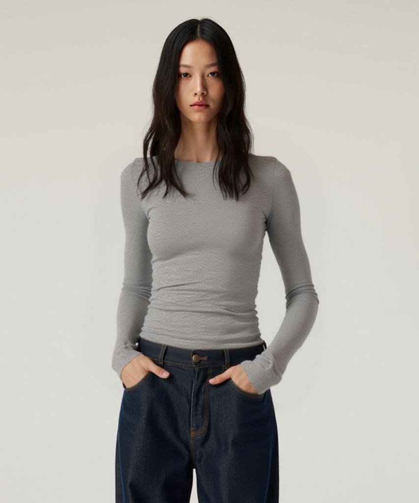 Beoteunseoul [Womens] Wool Blend Tencel Soft Stretch Back Pintuck Long Sleeve T-Shirt (3 Colors)
