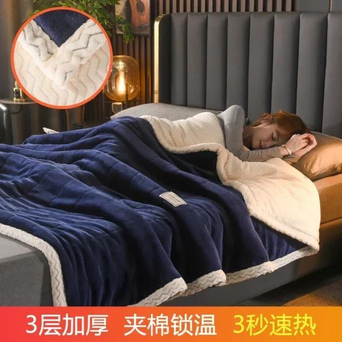 Coral Fleece Autumn Winter Warm Blankets for Bed 3 Layers Thicken Flannel Blanket Quilt Soft Comfortable Warmth Quilts Washable